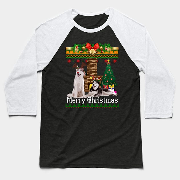 Ugly Christmas Sweater SIBERIAN HUSKY Baseball T-Shirt by LaurieAndrew